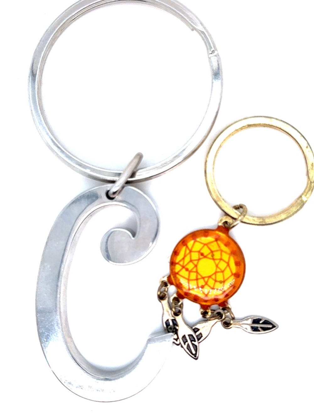 Silver Letter C Keyring with‎ Orange Dreamcatcher Charm